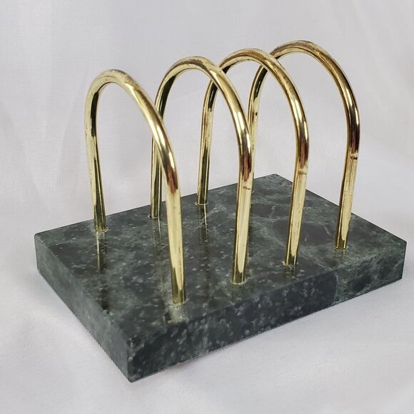 Vintage Green Marble Stone Brass Letter Holder, Vintage MCM Desk Organizer - Picture 5 of 12